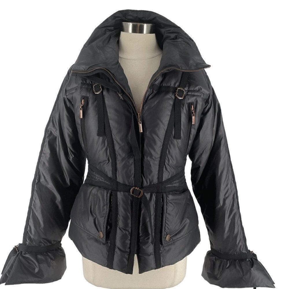Robero Cavalli RARE Black Bondage Down Filled Full Zip Puffer Jacket Women's L